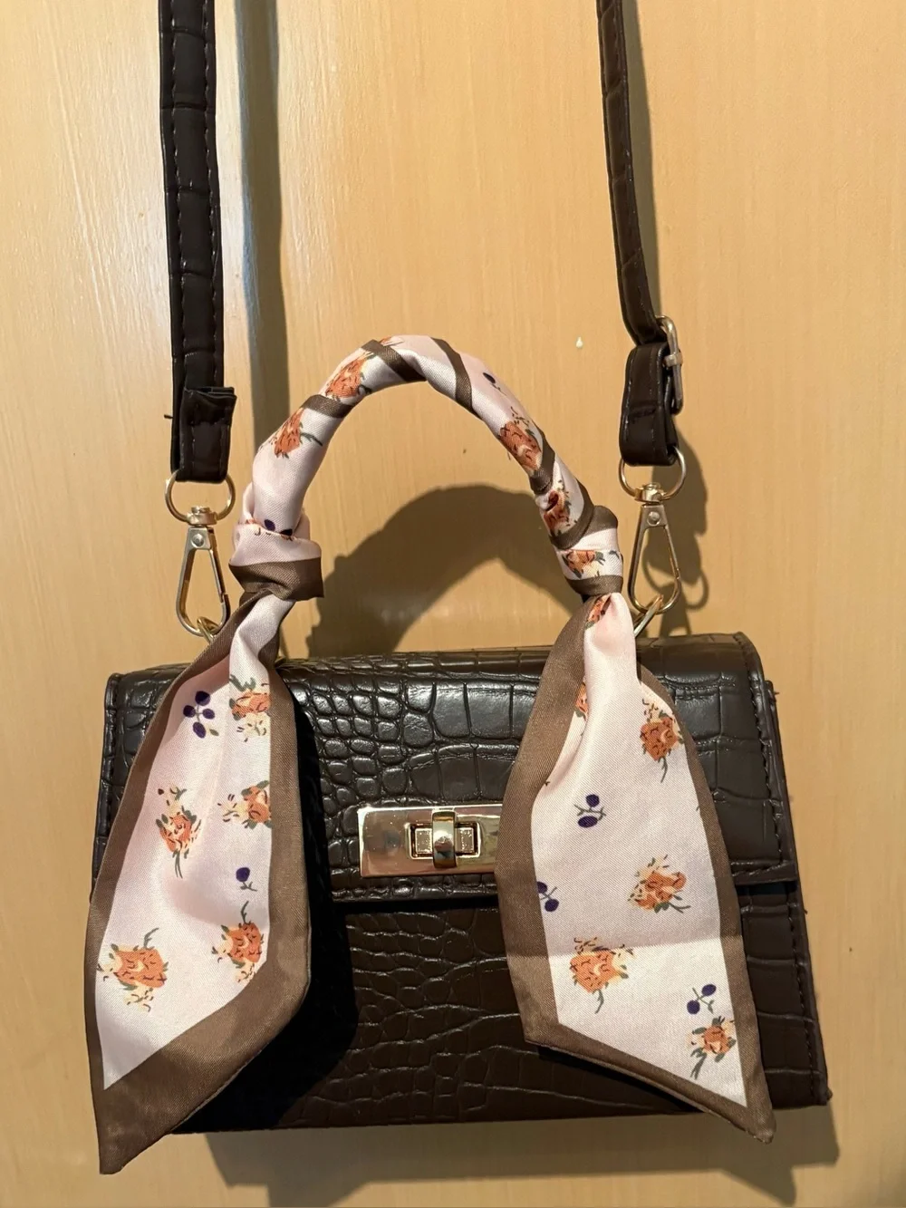 Coffee Brown Croc-Embossed Mini Top Handle Bag With Gold-Tone Clasp w/ Twilly